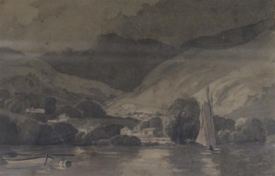 19th century English School, monochrome watercolour, lake scene, 14 x 22cm